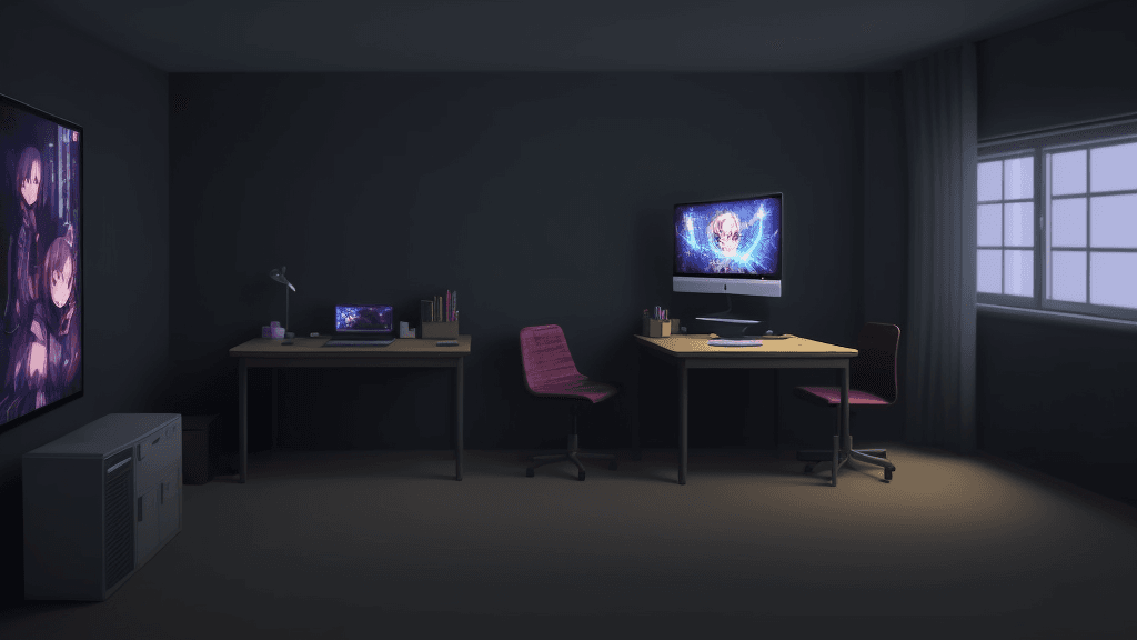 AI generated: room, anime style, night, dark, computer on table