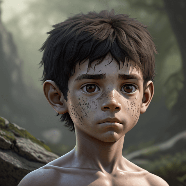 AI generated:  the clean face of a young prehistoric boy, frontal view, 8k