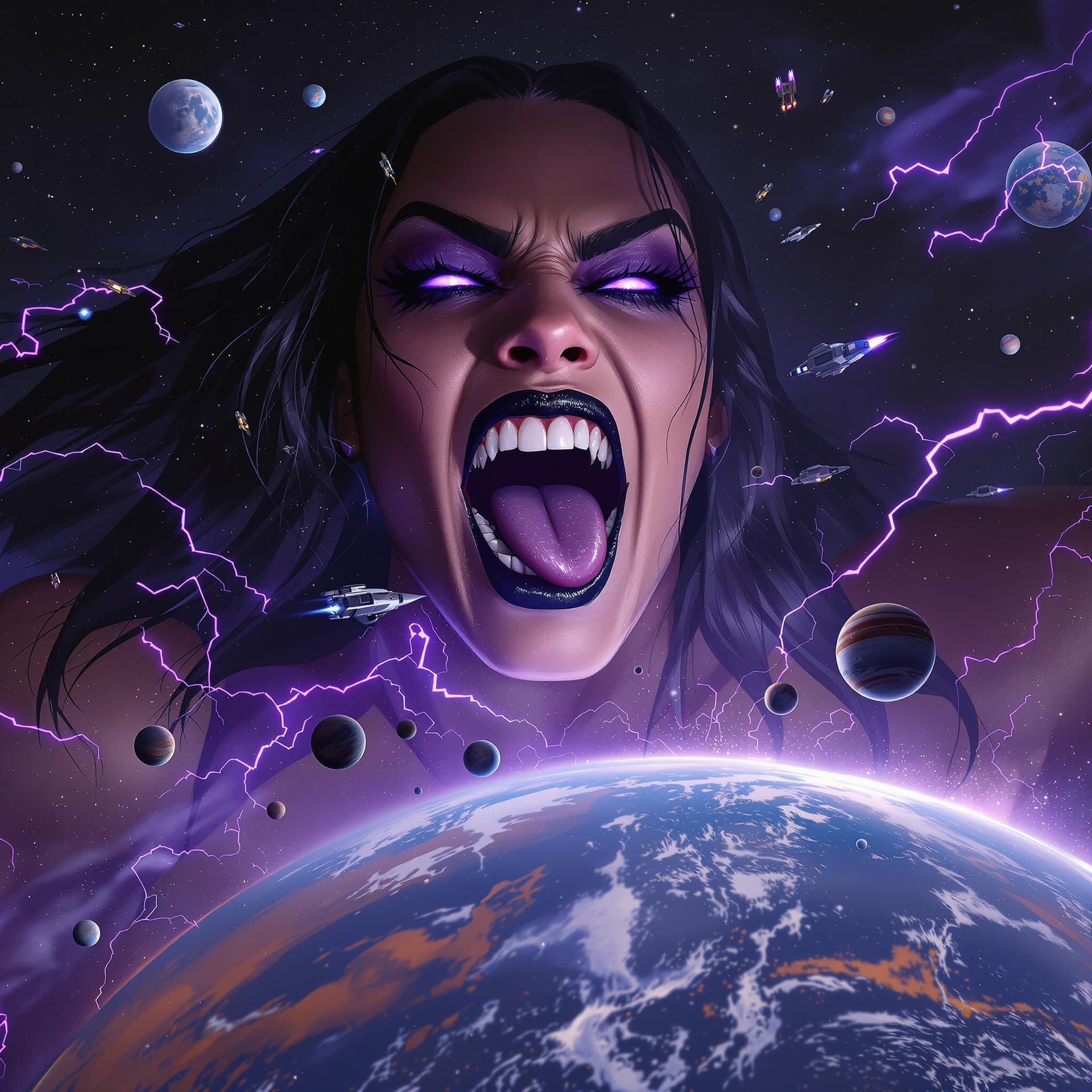 AI generated: enormous giantess Rhea Ripley  from WWE
bigger than a galaxy floating in space, minuscule planets in...