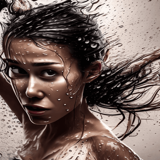 AI generated: A beautiful lady dancing in heavy rain, face and body are wet, messy bun hair  32k UHD, highly detai...