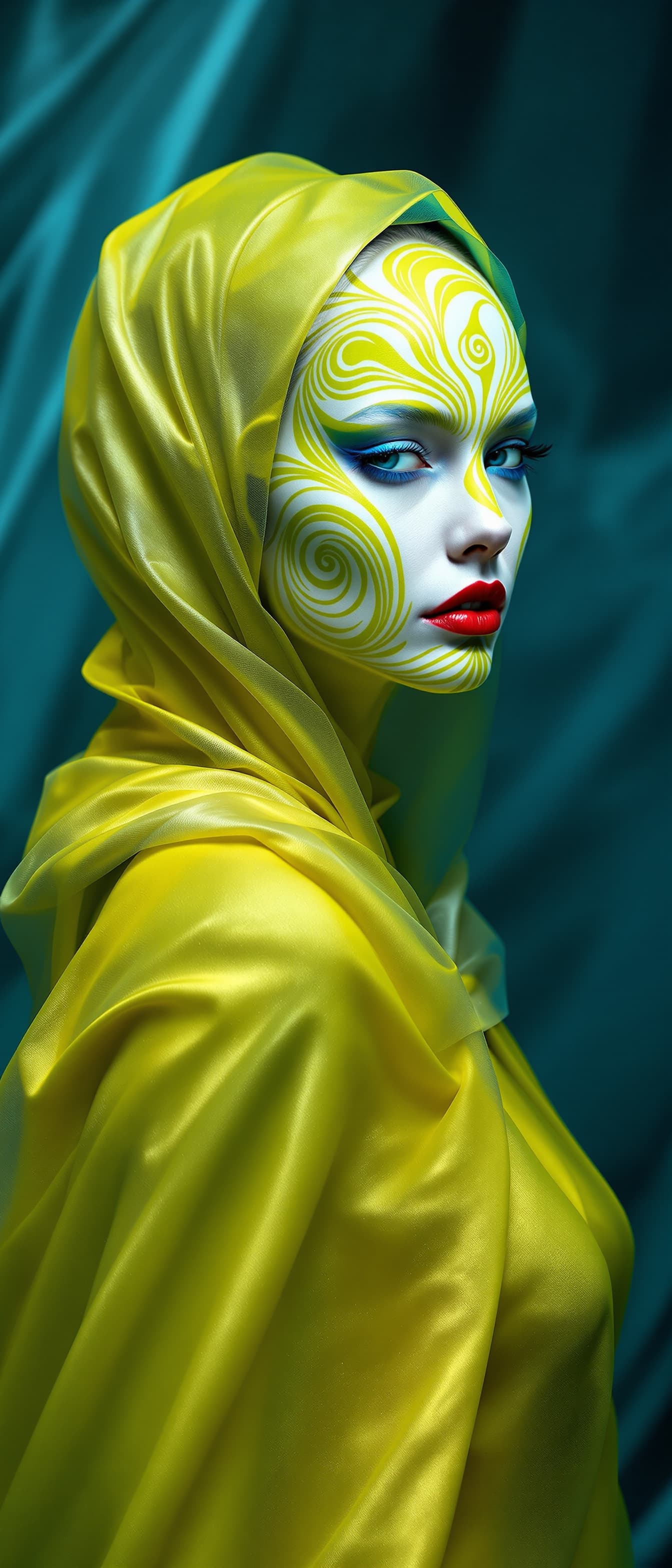 AI generated: "Fine art fashion photography. Full-hight vertical portrait, gorgeous lithe supermodel, swirling  in...