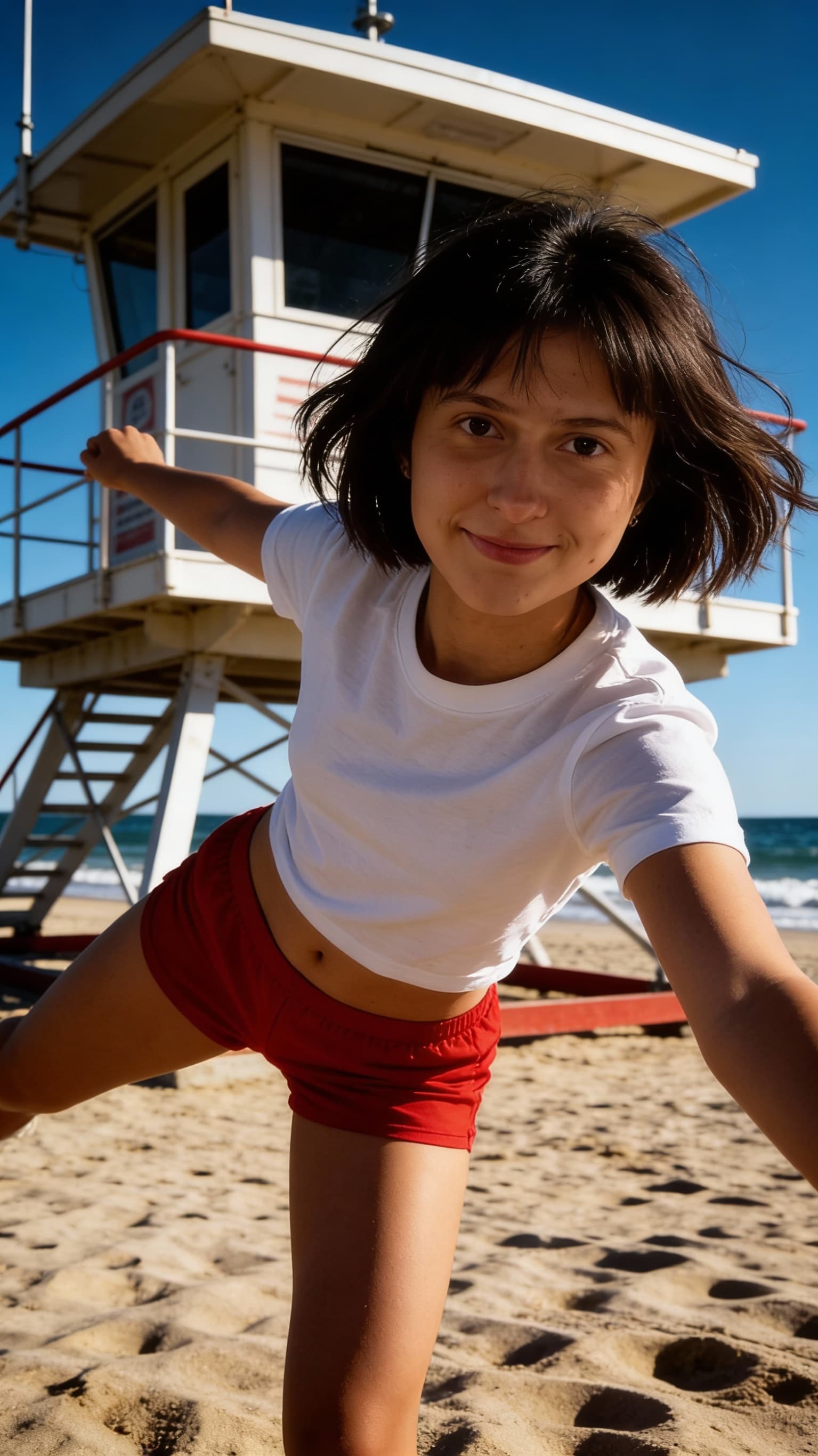AI generated: A beachside photograph of a young girl in a white crop t-shirt and red shorts posing playfully on sa...