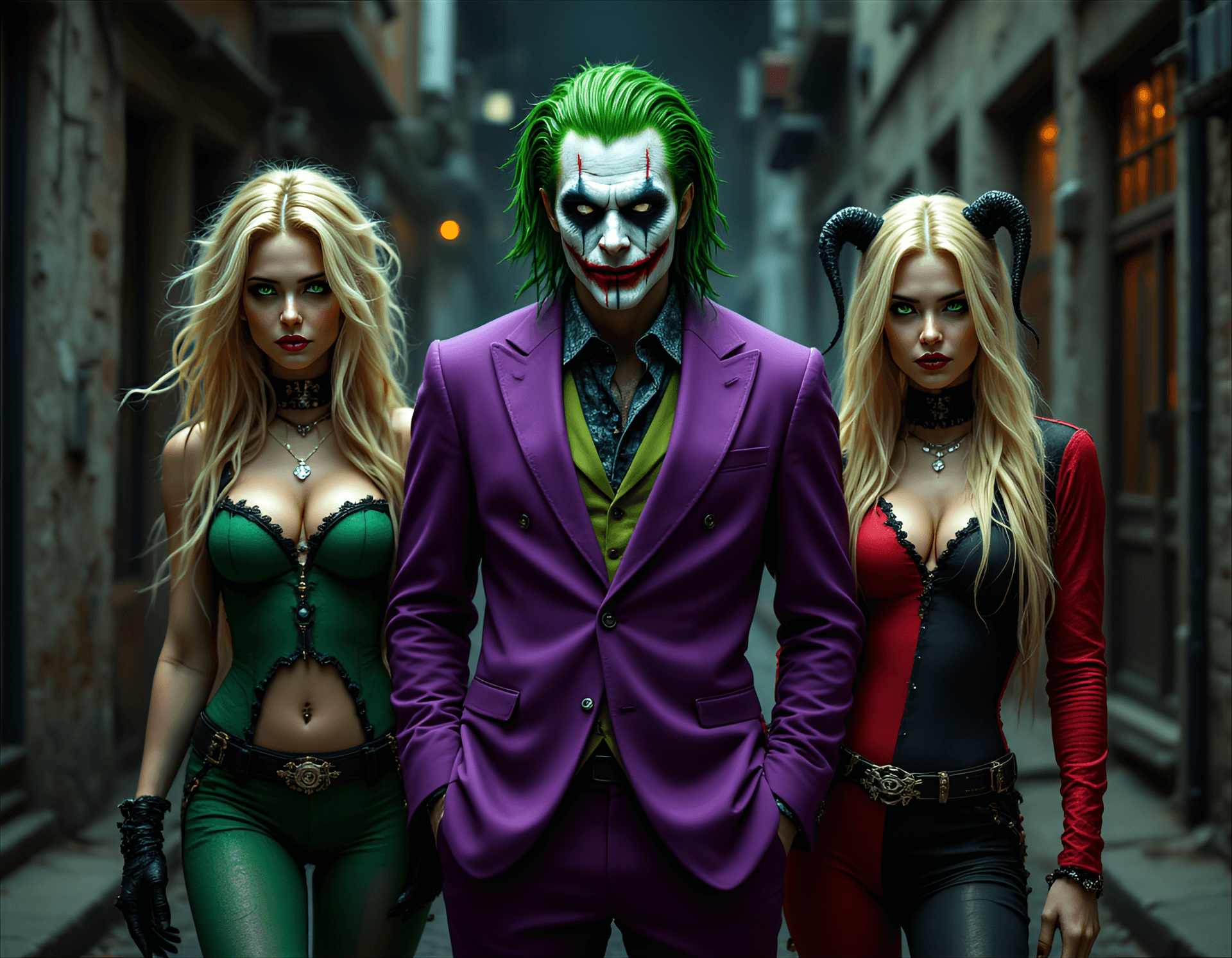 AI generated: trio of characters from the Batman universe. The central figure is the Joker, recognizable by his gr...