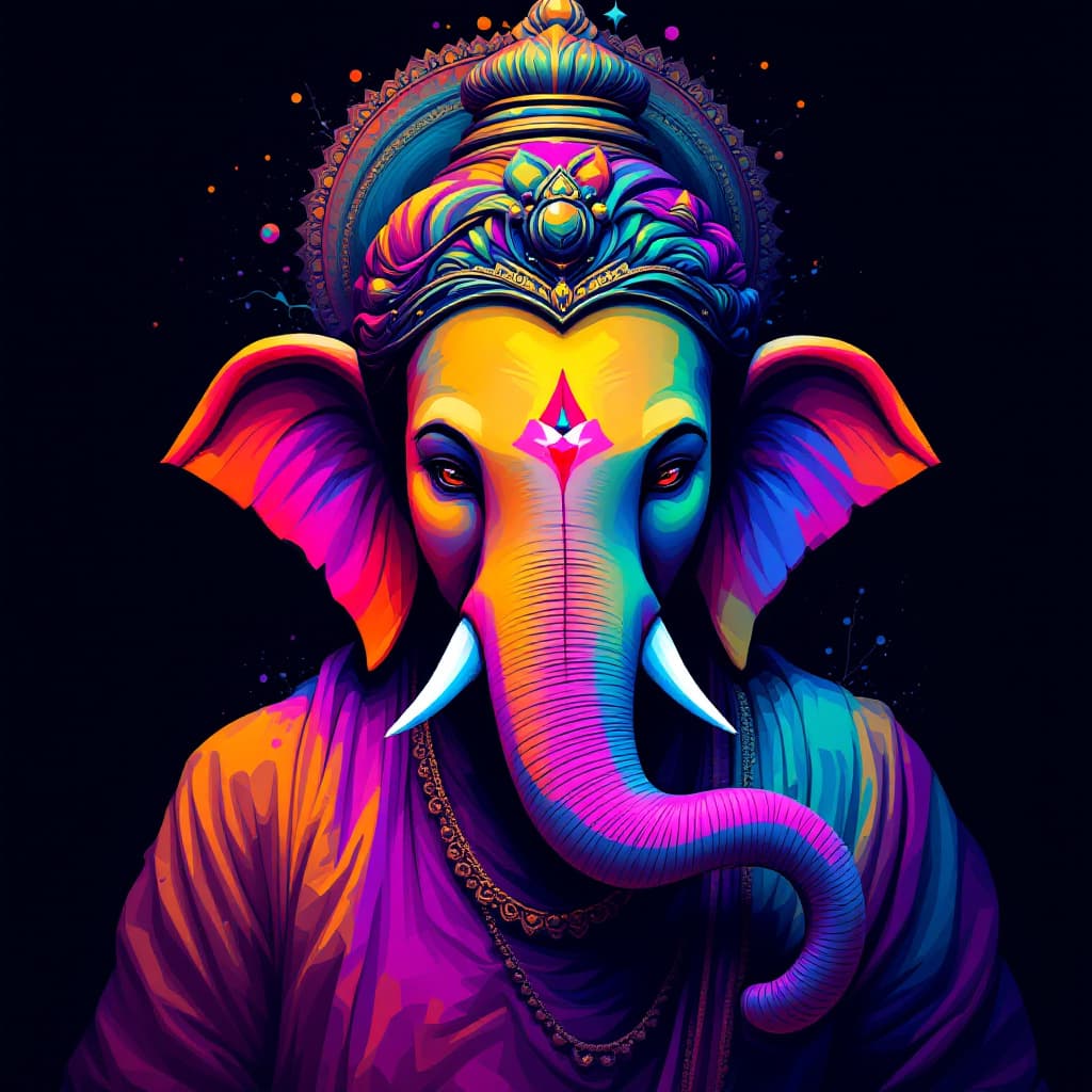AI generated: digital art, portrait Lord Ganesha flat color, straight-on, focus on the upper body, whirl of abstra...