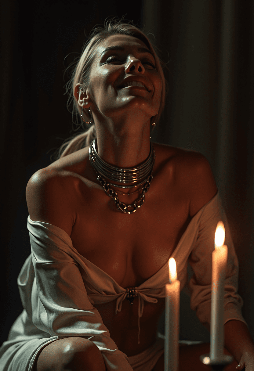 AI generated: A raw, hyper-realistic close-up of a middle-aged woman kneeling gracefully, her head tilted upward w...