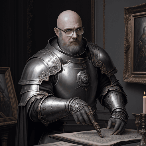 AI generated: baroque painting, old painting, dark fantasy illustration, bald, no facial hair, thick round glasses...