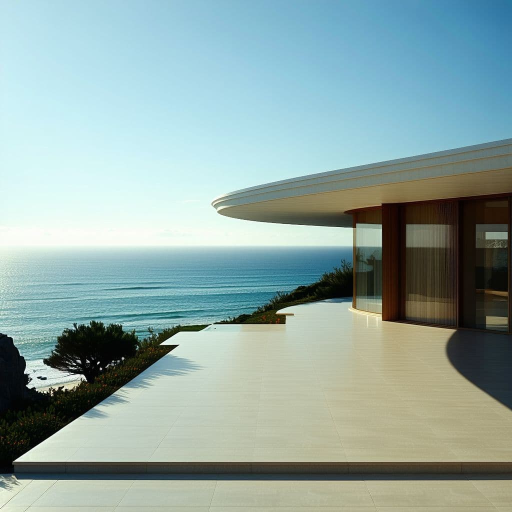 AI generated: Hyper realistic eye level exterior photo of a mid century modern style house overlooking the ocean, ...