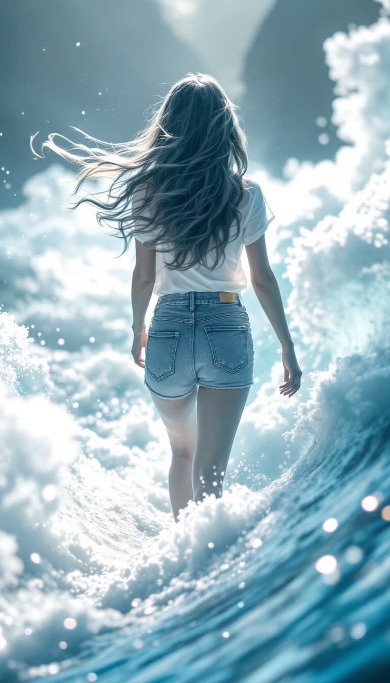 AI generated: Scene: The woman continues walking forward, her wavy hair still flowing.
Features: A backdrop of lig...
