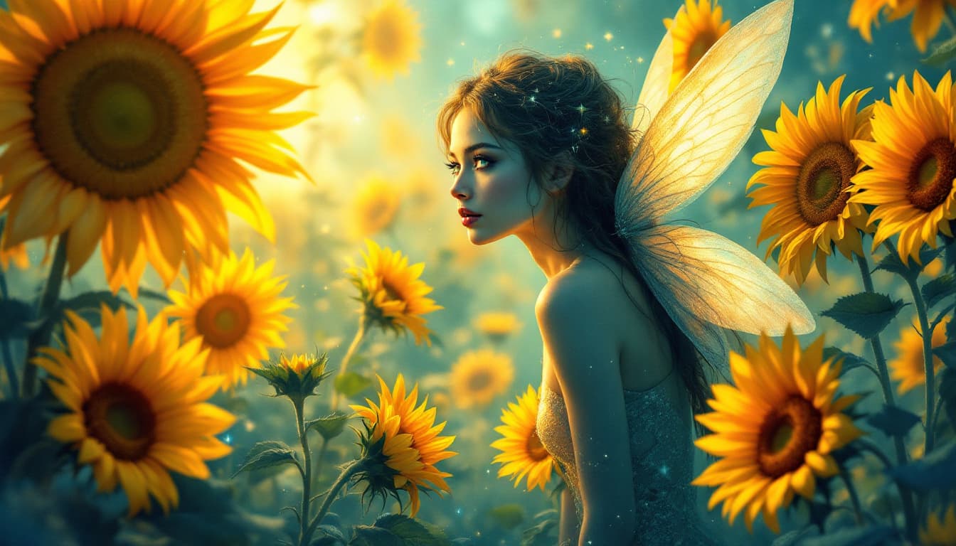 AI generated: Create a fairy amidst sunflowers in a surreal, dreamlike scene with a hand-drawn, artistic quality. ...