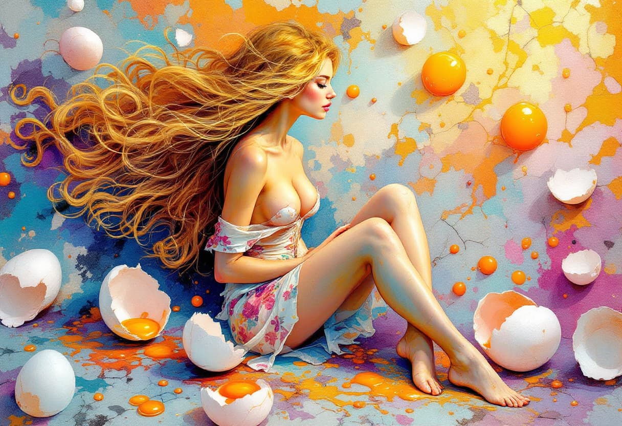 AI generated: Create an illustration of a painting of a woman with flowing golden hair, sitting in an alluring pos...