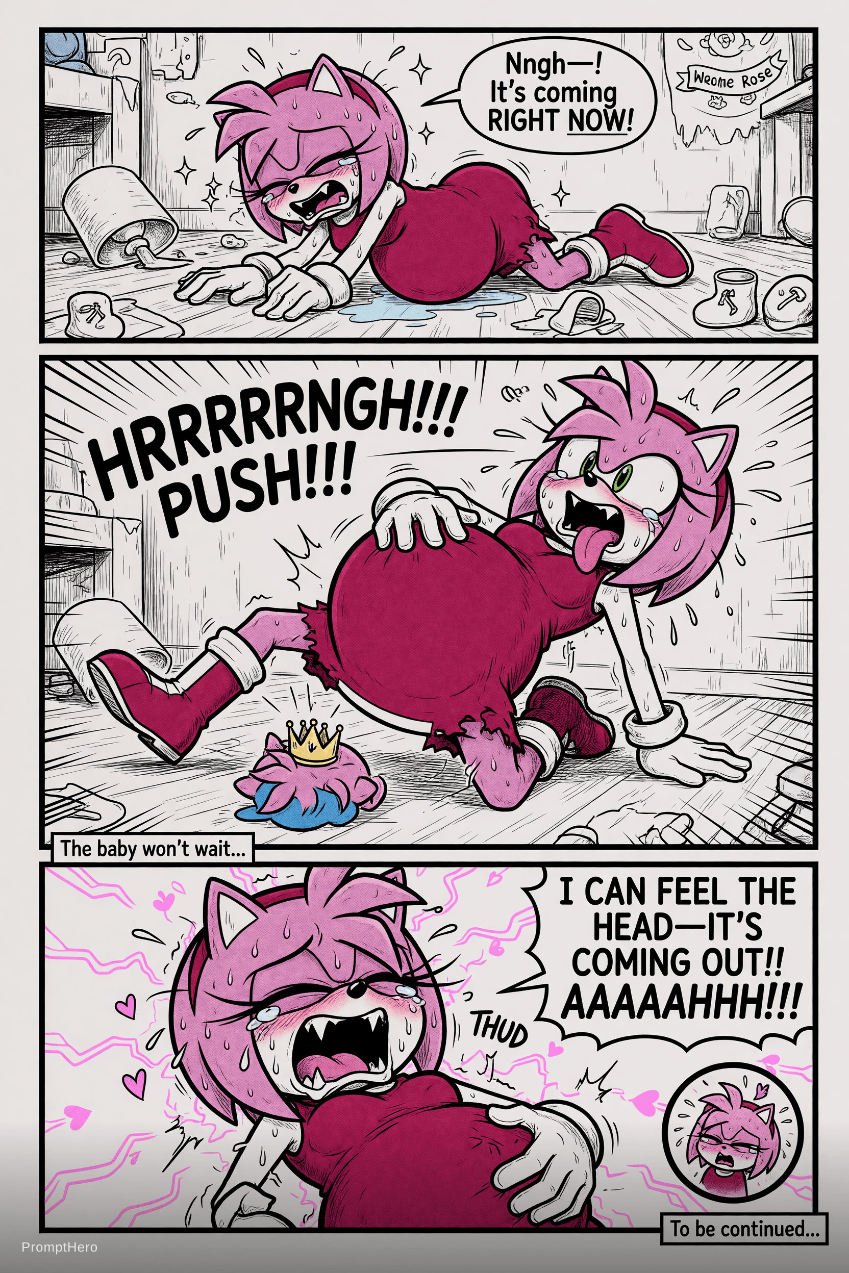 AI generated: Sonic fan comic pregnant amy rose giving birth on floor hard push