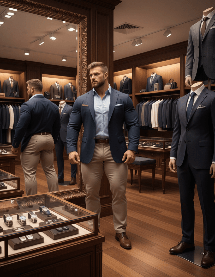 AI generated: At a very luxurious men's clothing store, the bodybuilder is white male, 6 feet 4 inches tall, he ha...