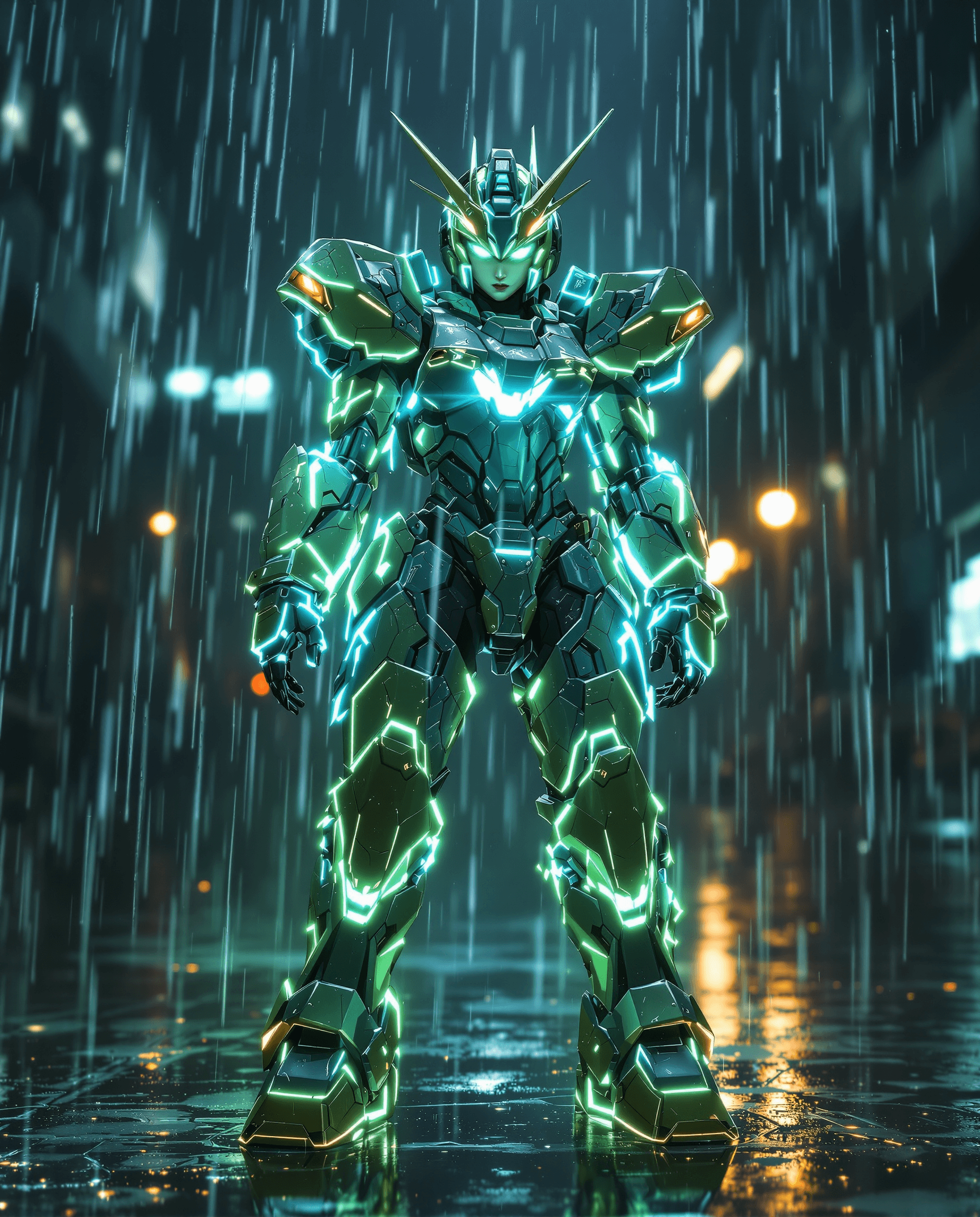 AI generated: A fierce young woman,clad in battle-damaged, luminescent Gundam armor, stands amidst a torrential do...