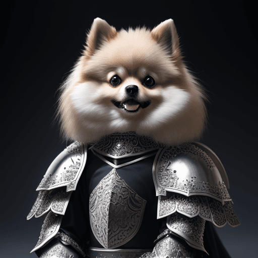 AI generated: kneeling dog pomeranian knight, portrait, finely detailed armor, intricate design, silver, silk, cin...