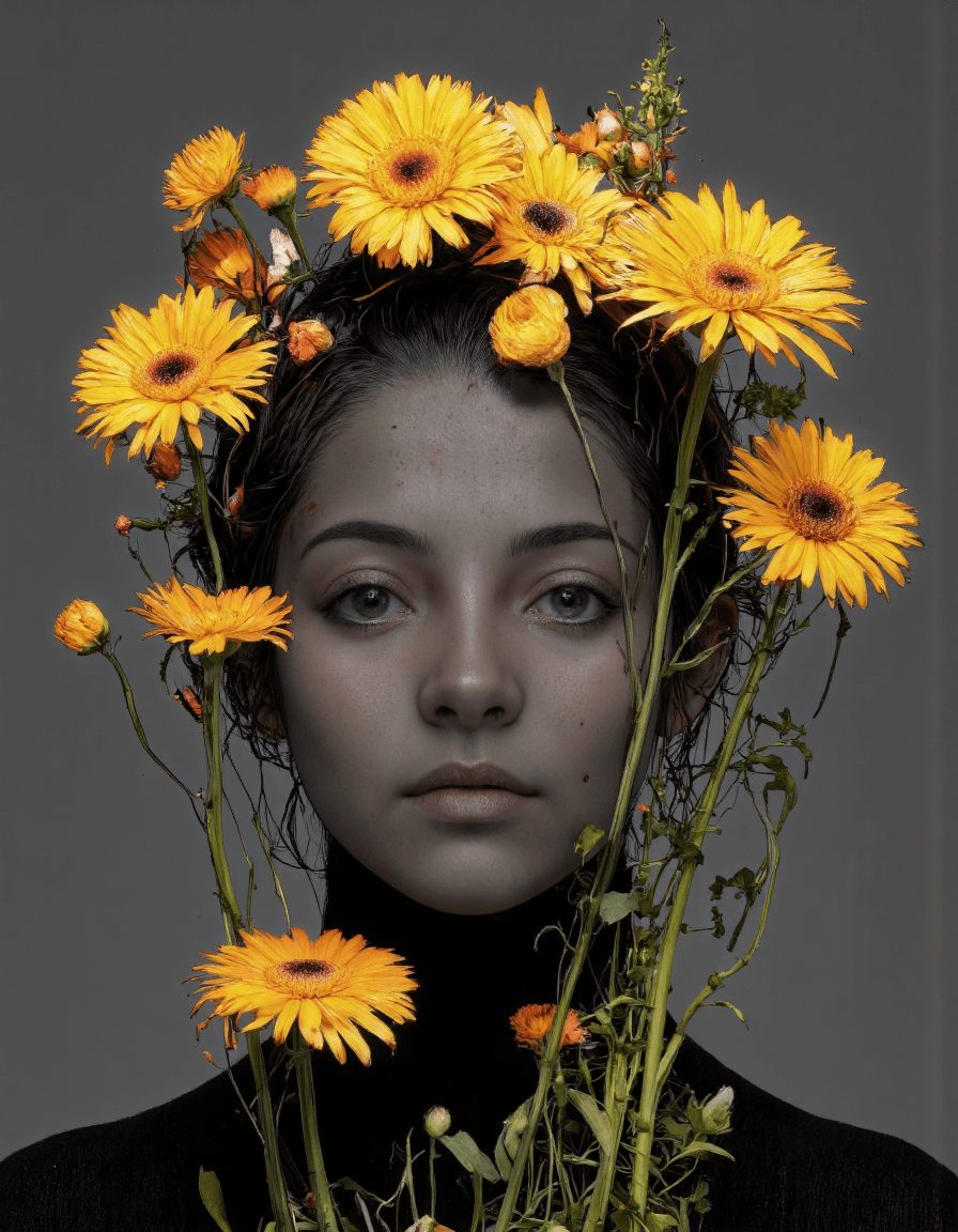AI generated: Elanai photo shoot portrait yellow flowers beautiful woman, in the style of daz3d, maximalist, caras...