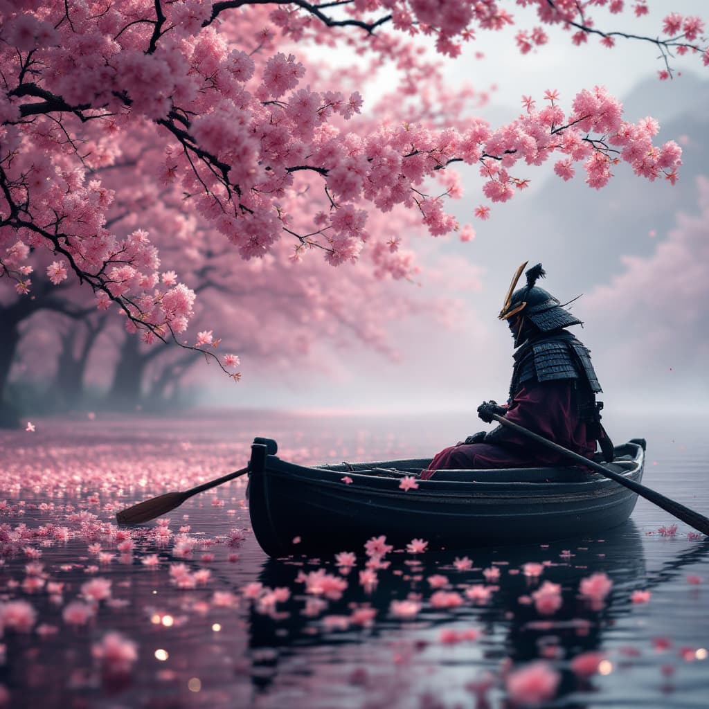 AI generated: a samurai in a boat in the middle of the cherry blossoms, in the style of lush scenery, fairycore, u...