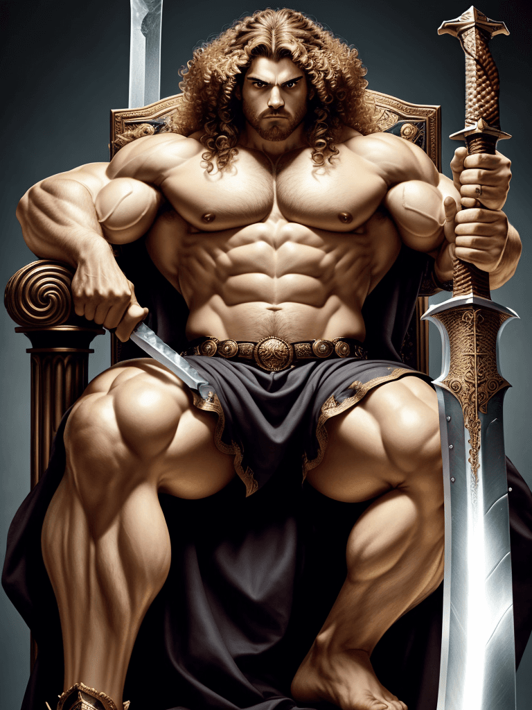 AI generated: A king sitting on a throne, curly hairs, muscular, serious expression, holding a giant greatsword on...