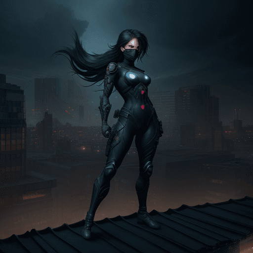 AI generated: Digital artwork, concept art, a female ninja with Prompt Hero logo on her chest, standing on rooftop...
