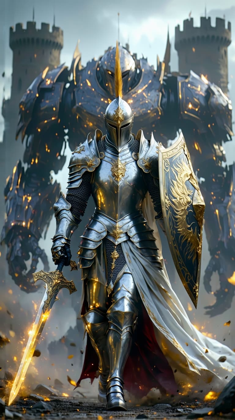 AI generated: An ultra-realistic, zoomed out, front facing, full-body portrait of a noble Paladin in gleaming silv...