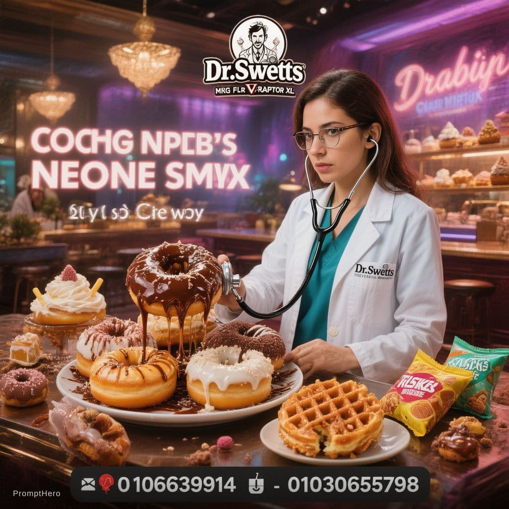 AI generated: Cinematic advertising poster of a female doctor in a white lab coat inside a premium dessert shop, u...