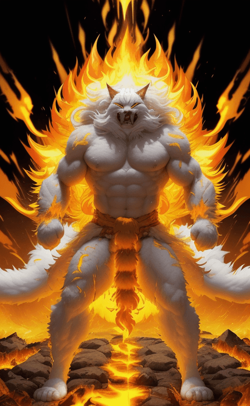 AI generated: Long fur stood up like the flames of a white cat warrior,An enormous aura, clear and bright, glowing...