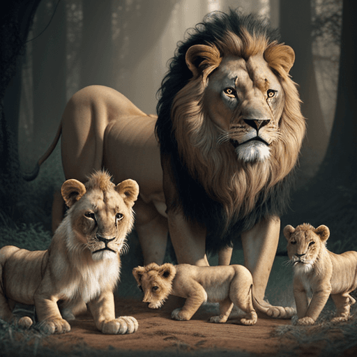 AI generated: lion and his cubs, in the style of nikon d850, combining natural and man-made elements, colorized, j...