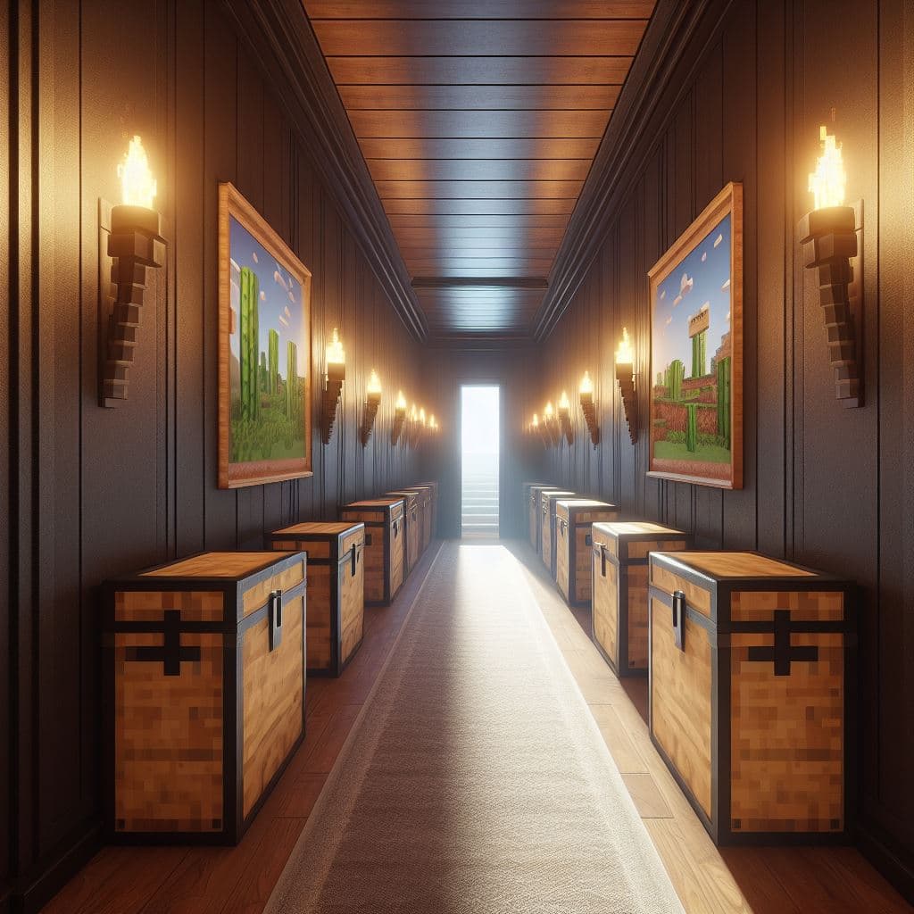 AI generated: Hallway of an unfurnished real-life modern house with Minecraft torches on the wall and game chests,...