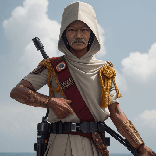 AI generated: foto "Gatot Kaca" Pahlawan Jawa indonesia,lengkap dengan pakaian adat jawa yang khas, matahari terbi...