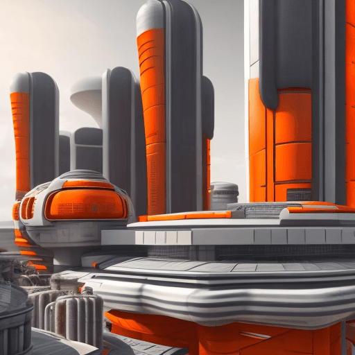 AI generated: Hyper realistic sci fi facility accented in orange and white, high detail, multiple buildings, 16:9