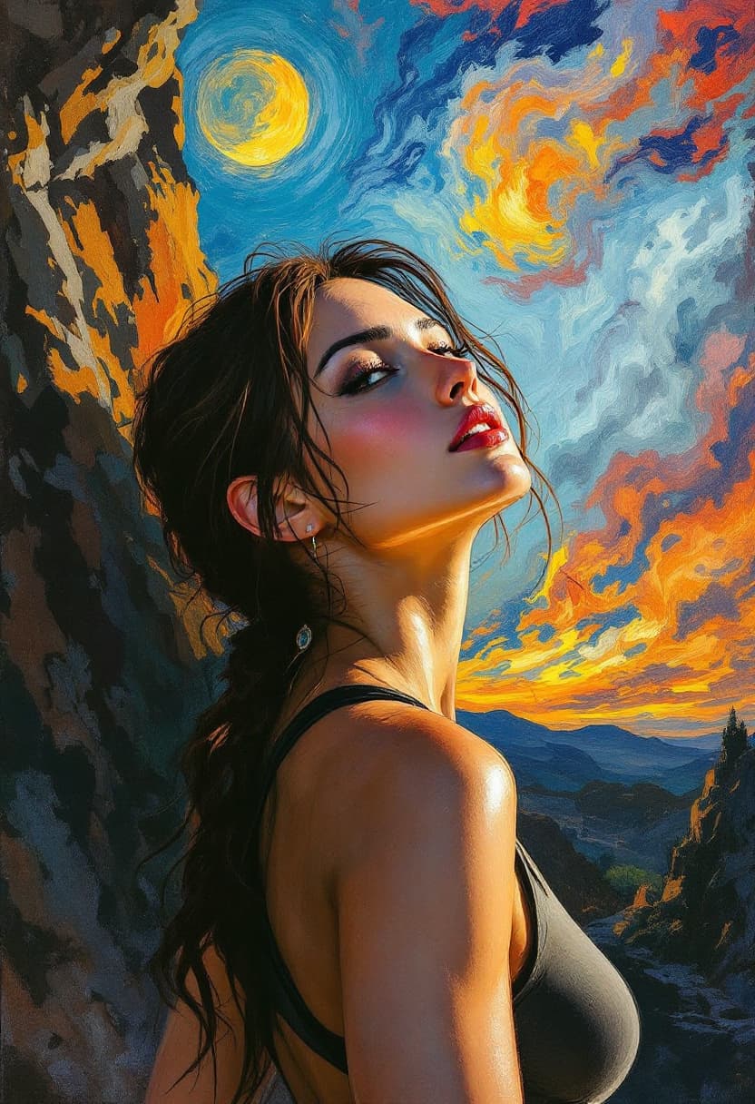 AI generated: Portrait tilted at 45 degrees, dynamic pose,  Lara Croft: Tomb Raider, Art Nouveau, Neo-Impressionis...