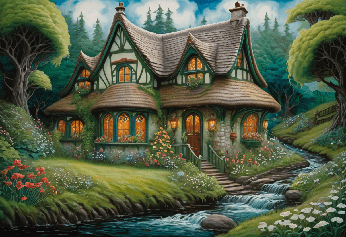 AI generated: Airbrush painting, fairy tale, (magnificent cottage next to a little creek:1.3) , with Art Nouveau a...