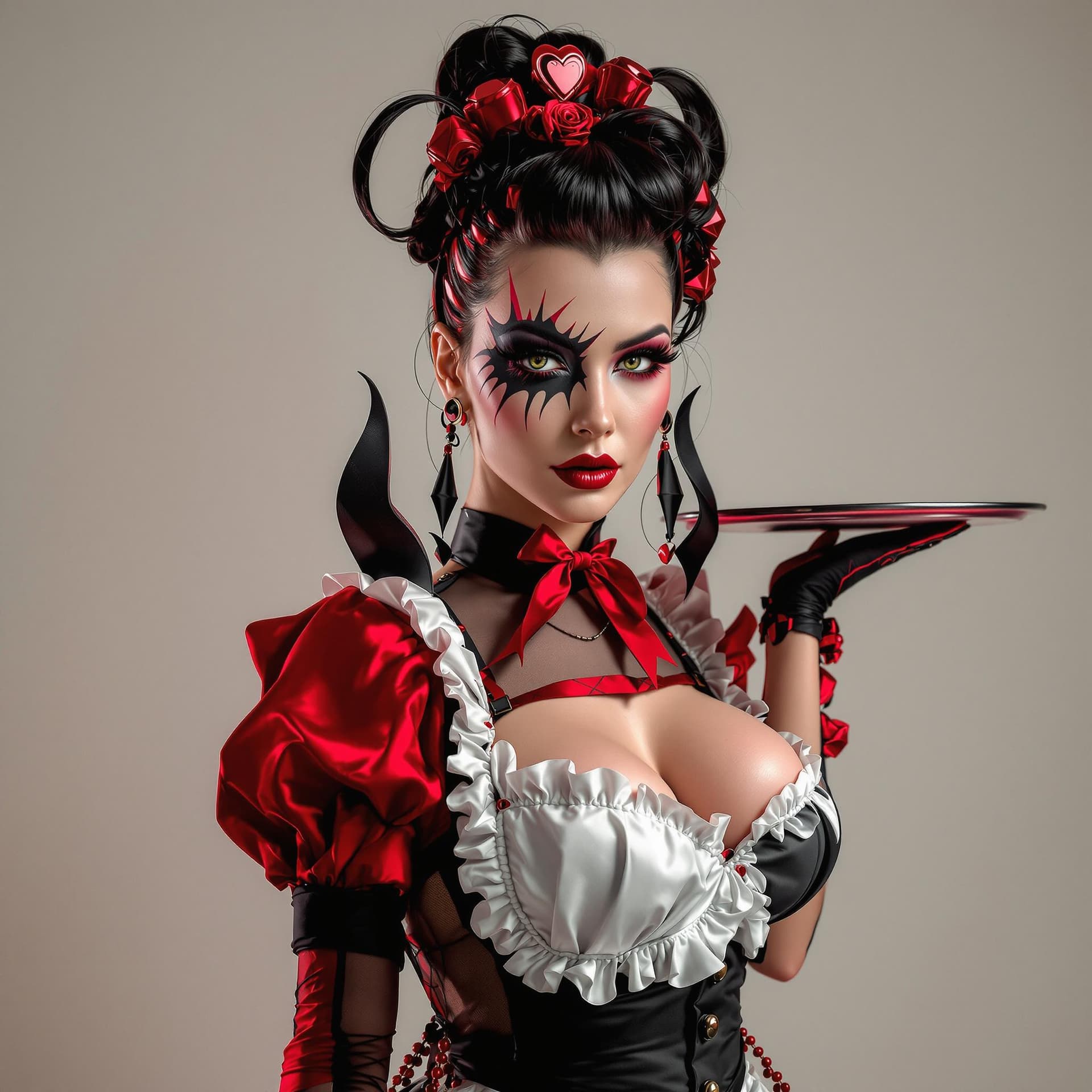 AI generated: full-body portrait in style of Bettina Rheims, psychobilly fashion model with a towering stature and...