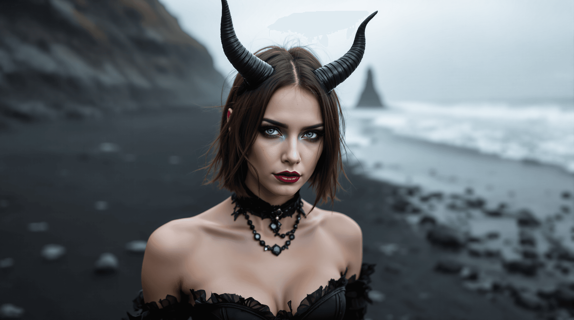 AI generated: Distant view, wide angle photo of A female Cambion (more human than demon look, age: early 20, deep ...