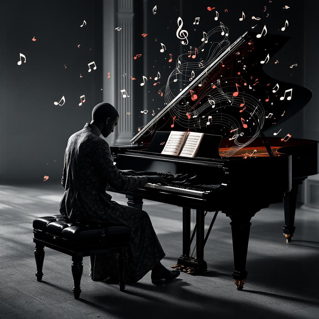 AI generated: 3d Hyper realistic view of a blavk pretty piano player where music is floating off the piano.