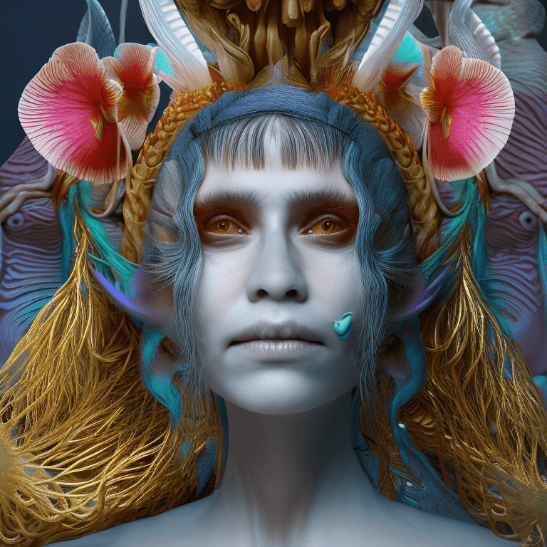 AI generated: Goddess close-up portrait ribcagel. jellyfish phoenix head, nautilus, orchid, skull, betta fish, bio...