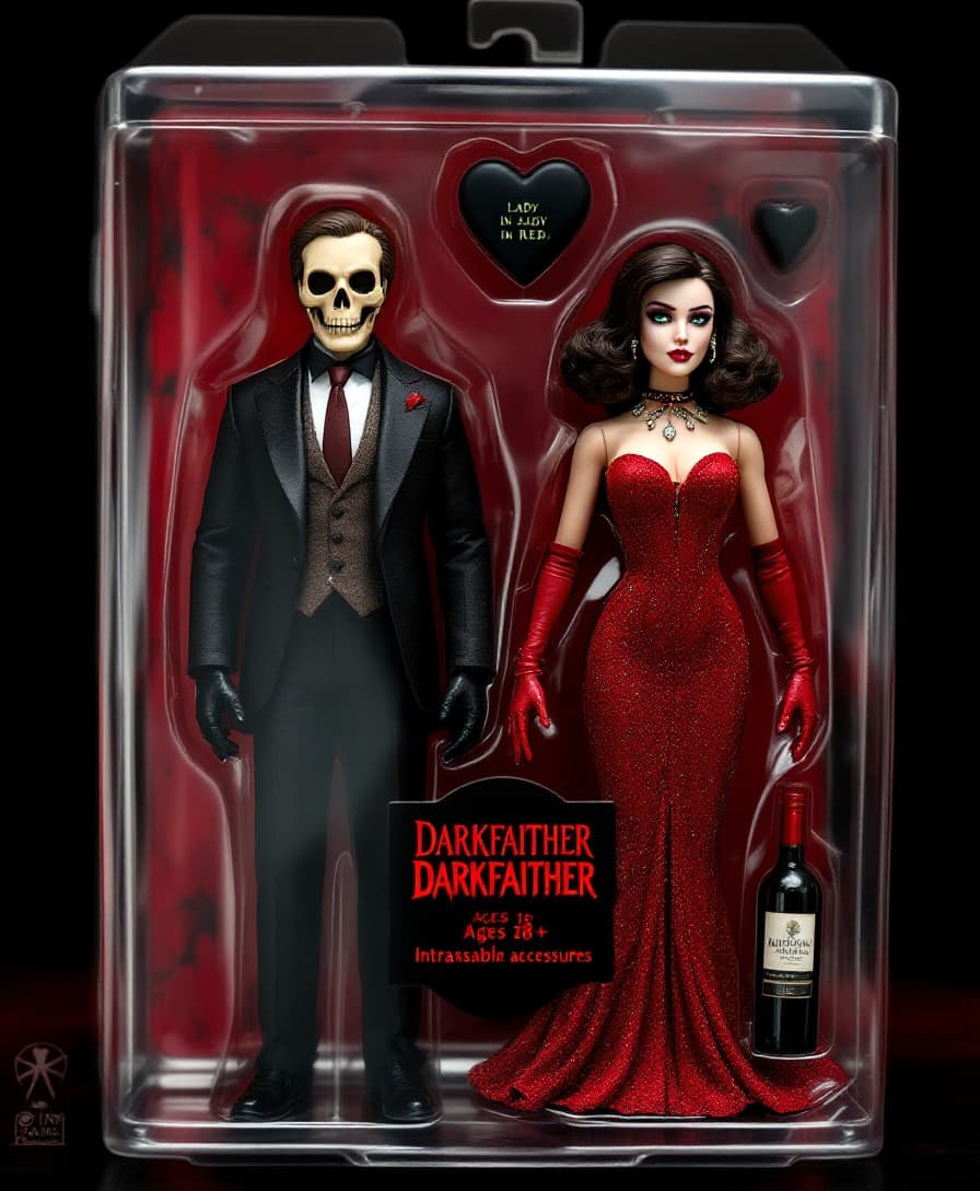 AI generated: A stylized collectible action figure in a toy package labeled "DARKFAITHER" for ages 18+, featuring ...
