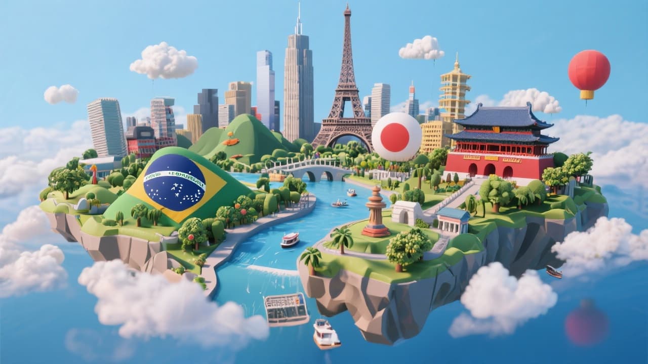 AI generated: Create an 3D image that shows the landscapes from New York, Rio de Janeiro, Tokyo, Paris and Peking