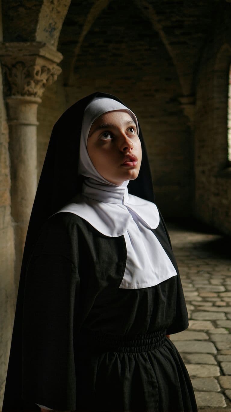 AI generated: Expressive, warm light style, close-up. I would rate it 9 out of 10. The young nun in her 20s is sho...