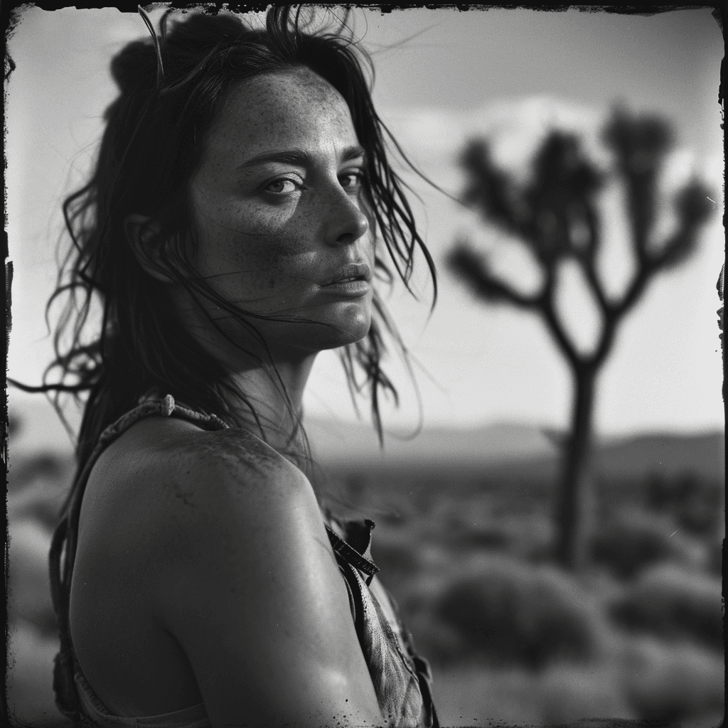 AI generated: candid shot, Portrait of (Emily Blunt ) , style of Anton Corbijn, Wetplate Photography, extreme Film...