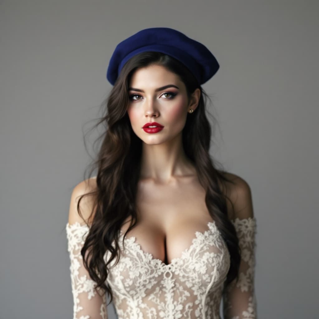 AI generated: WOMAN WITH COMMUNION LACE DRESS WITH BLUE TIGHTS AND BLUE BERET
