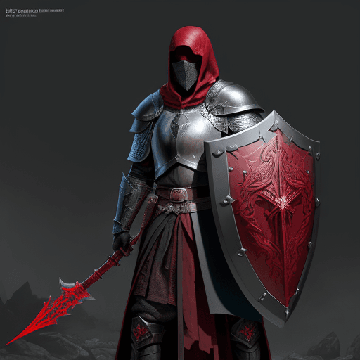 AI generated:  man cleric from the Middle Ages, with face covered by shade of dark-red hood, in scaled black armou...