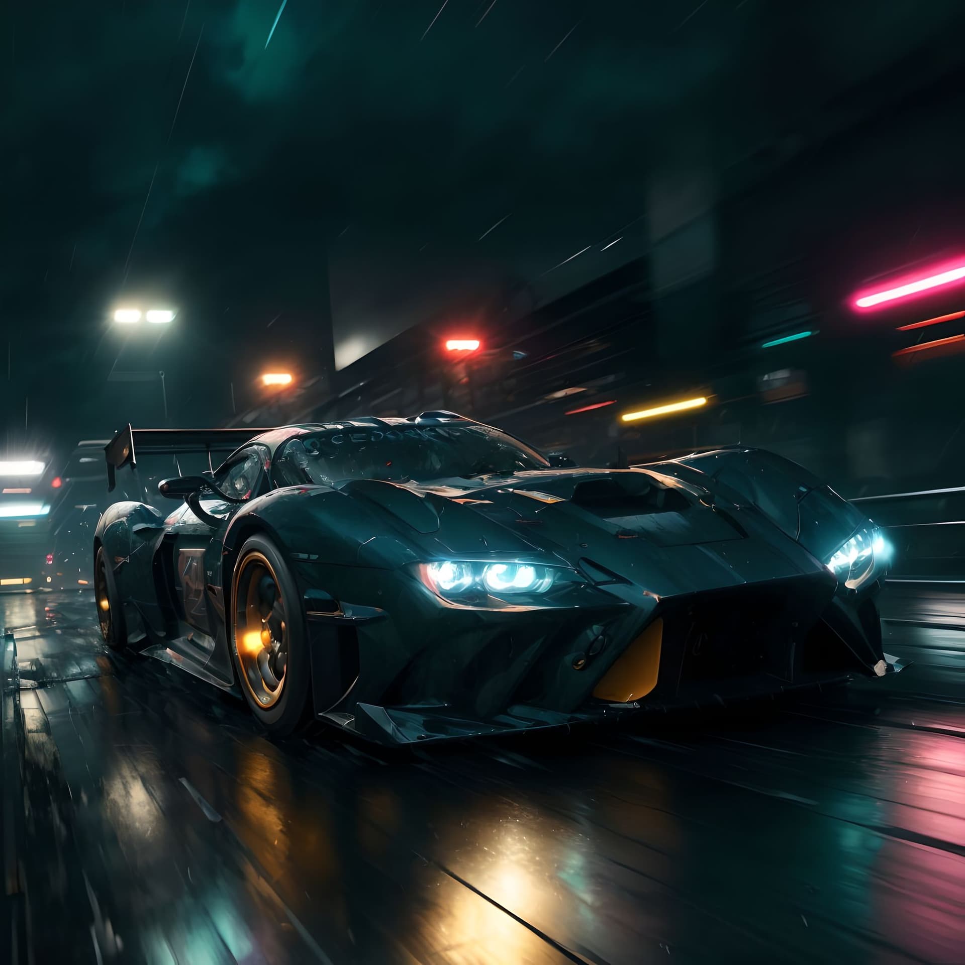 AI generated: Cyberpunk racing stadium, futuristic cars,centered, (running car, (speed:1.5)), (rain:1), raindrops ...