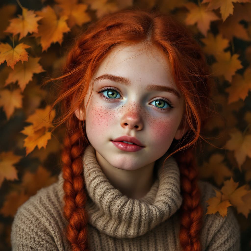 AI generated:  highly detailed, painting portrait of a young girl with braided red hair, freckles, and piercing gr...