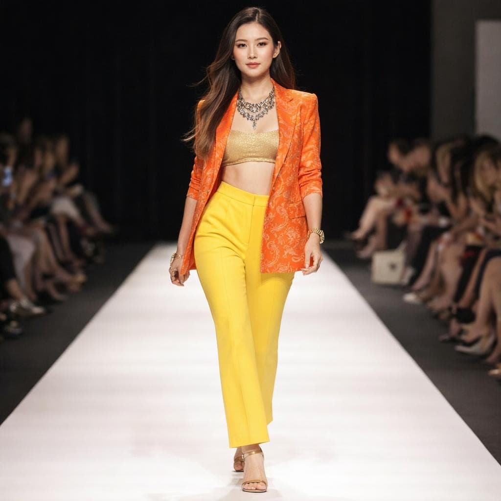 AI generated: A fashion model confidently walks down a runway, showcasing a vibrant orange patterned blazer and br...