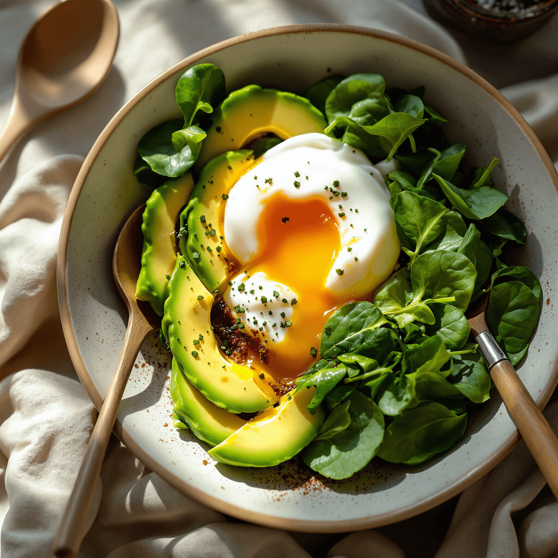 AI generated: A rustic breakfast bowl with creamy avocado slices, a perfectly poached egg with a runny yolk, and v...