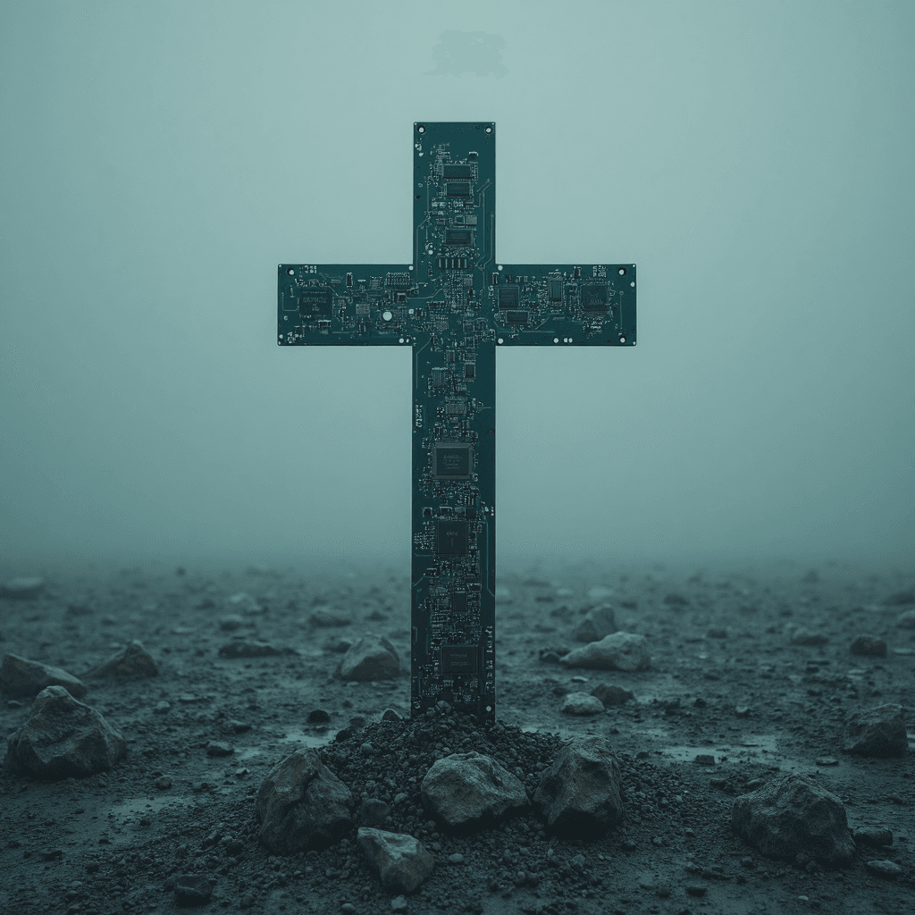 AI generated: a cross made of motherboards circuit plates, surrounded by dull endless cold and brutal landscape, m...