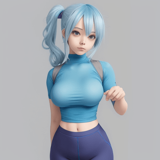 AI generated: cute anime girl flowing blue hair in tight shirt