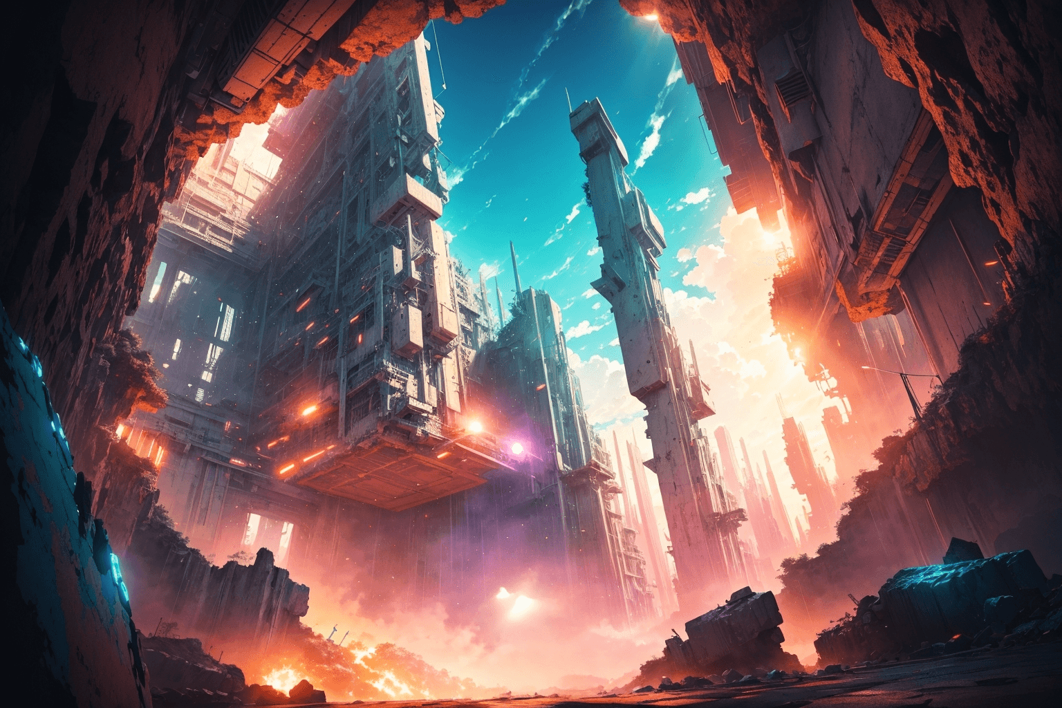 AI generated: (masterpiece), (anime style), award winning, centered, Instagram able, panoramic, futuristic ruin ci...