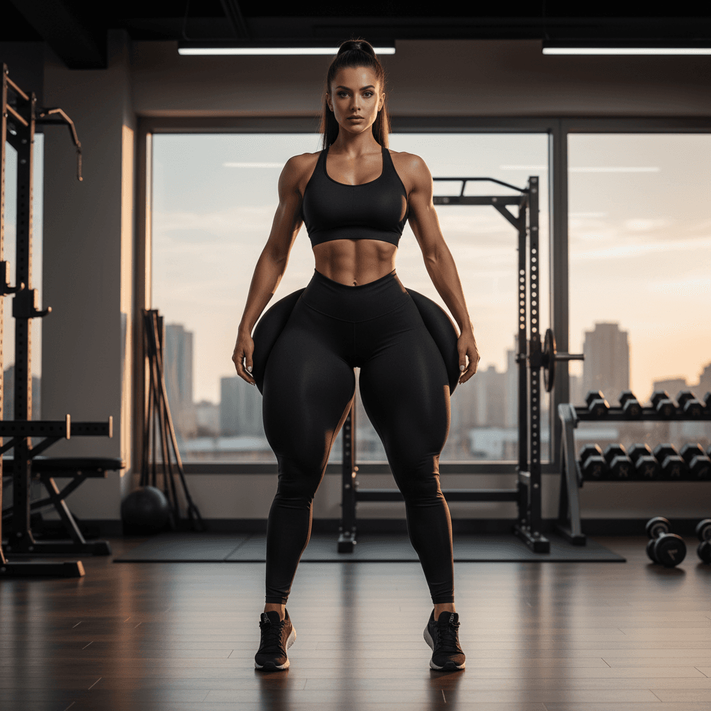 AI generated: Fitness model  woman dressed in black with extremely large buttocks standing upright
