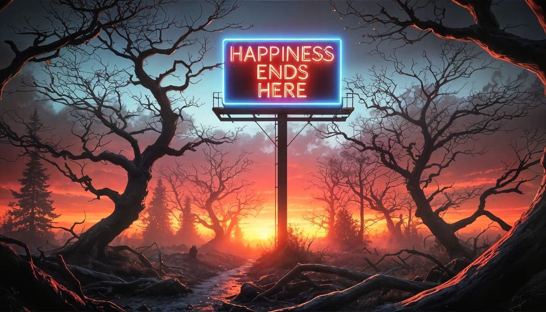 AI generated: An ultra-realistic scene inspired by Caspar David Friedrich, showing a lone signboard reading "Happi...
